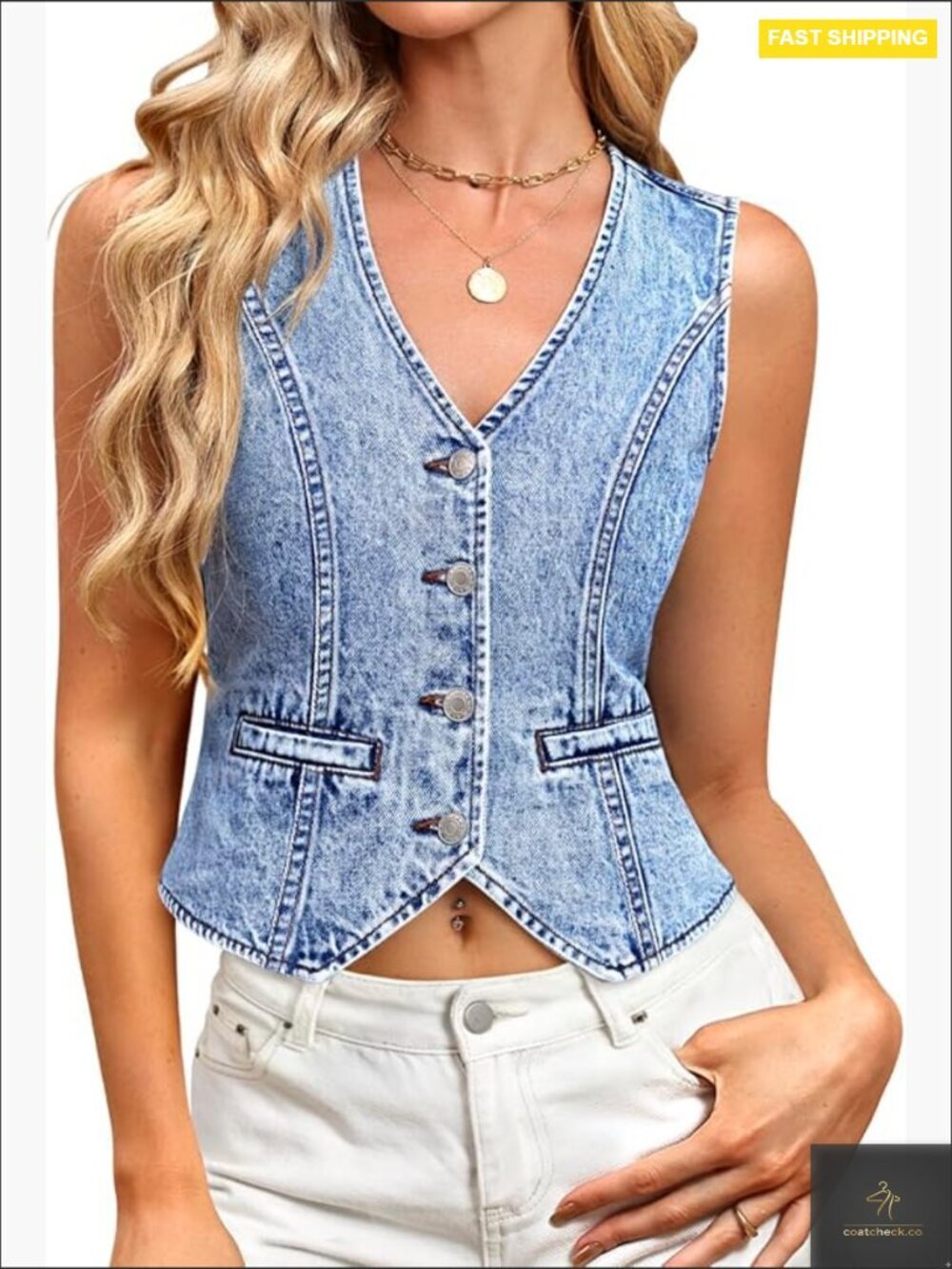 Sleeveless Denim Vest Button Down V Neck Casual Summer Top with Pockets Y2K